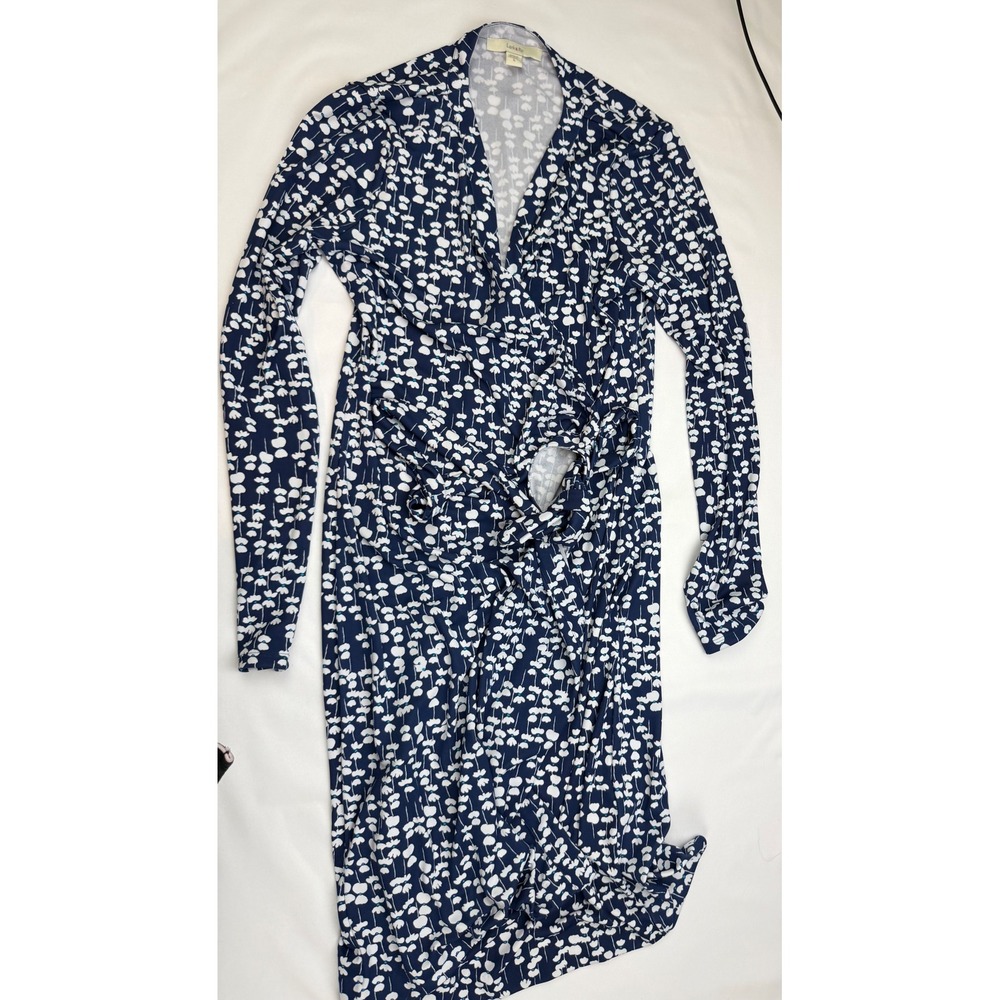 Lark & Ro Womens Navy Blue White Floral Long Sleeve Wrap Midi Dress Large